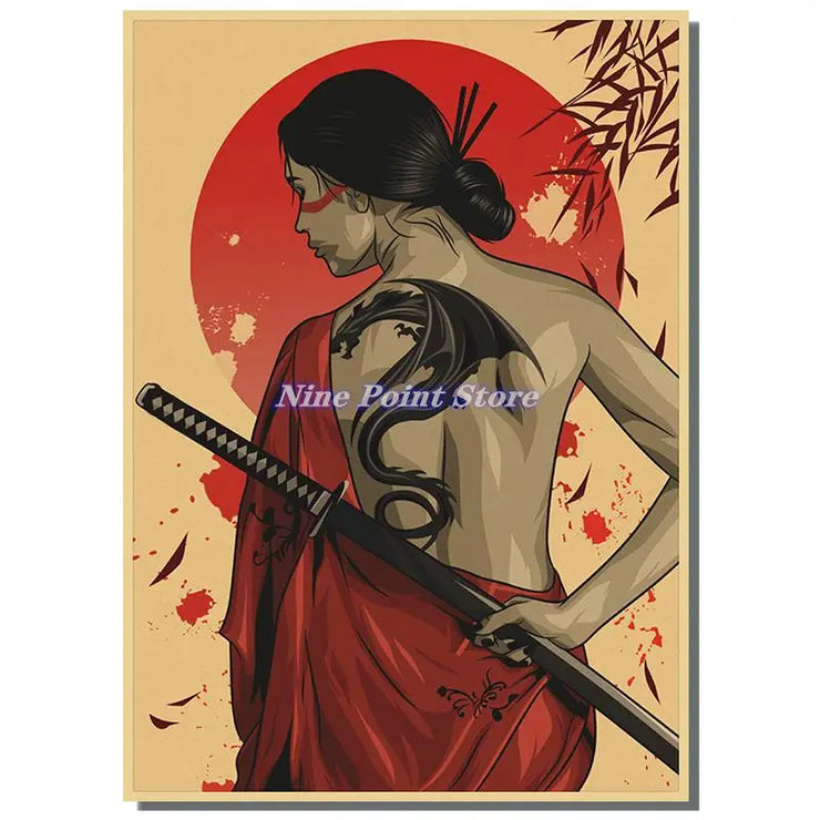 Japan Samurai Kraft paper Poster Home Wall Art Prints Pictures Bedroom Living Room Decor Murals Shop Bar Decoration