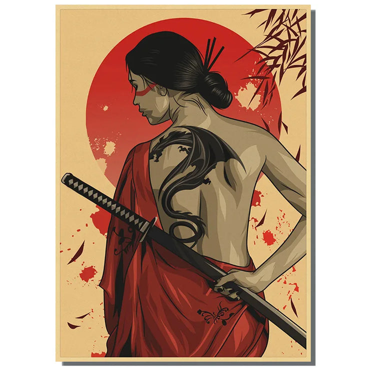 Japan Samurai Kraft paper Poster Home Wall Art Prints Pictures Bedroom Living Room Decor Murals Shop Bar Decoration