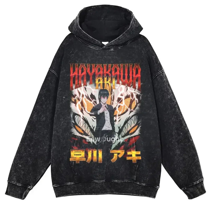 Makima Denji Power Aki Hoodie Vintage Washed Anime Manga Hooded Sweatshirts Oversized Chainsaw Demon Hoodies Men 100% Cotton