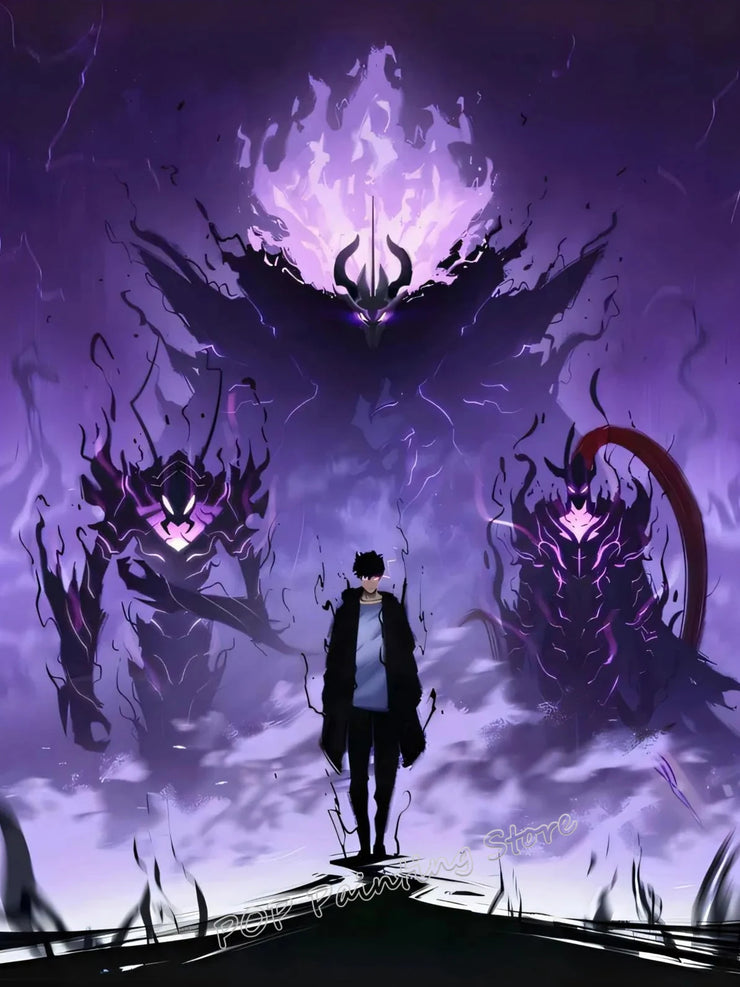 Solo Inspired Anime Wall Art Canvas Print L-Leveling Sung Jin-Woo Manga Poster Dark Fantasy Home Decor for Gaming Room Bedroom