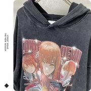 Makima Denji Power Aki Hoodie Vintage Washed Anime Manga Hooded Sweatshirts Oversized Chainsaw Demon Hoodies Men 100% Cotton