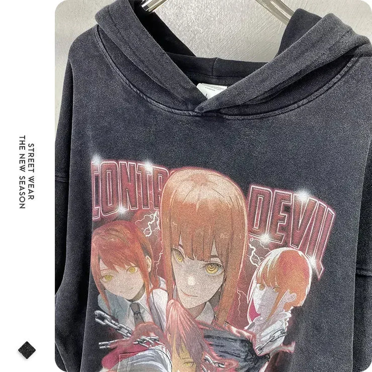 Makima Denji Power Aki Hoodie Vintage Washed Anime Manga Hooded Sweatshirts Oversized Chainsaw Demon Hoodies Men 100% Cotton