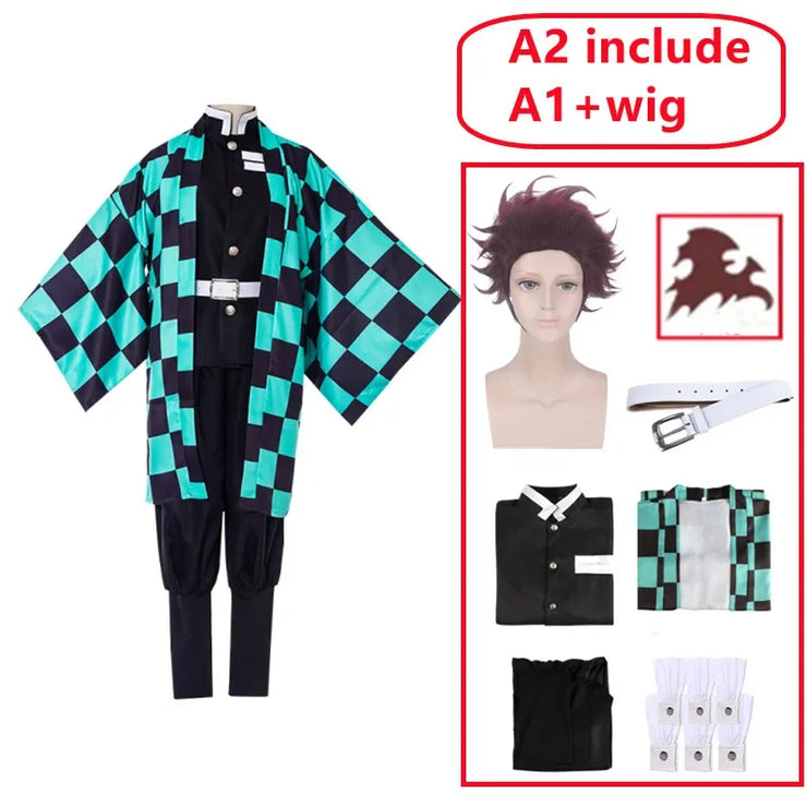 Anime Tanjirou Kamado Cosplay Demon Slayers Kimetsu no Yaiba Cosplay Costume Wig Mask Kimono Cloak halloween Uniform Adult Kids