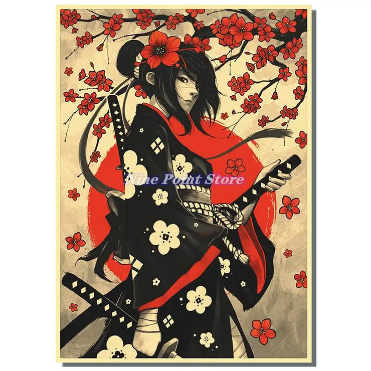 Japan Samurai Kraft paper Poster Home Wall Art Prints Pictures Bedroom Living Room Decor Murals Shop Bar Decoration