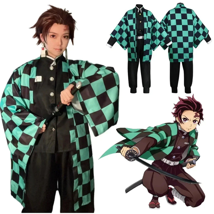 Anime Tanjirou Kamado Cosplay Demon Slayers Kimetsu no Yaiba Cosplay Costume Wig Mask Kimono Cloak halloween Uniform Adult Kids