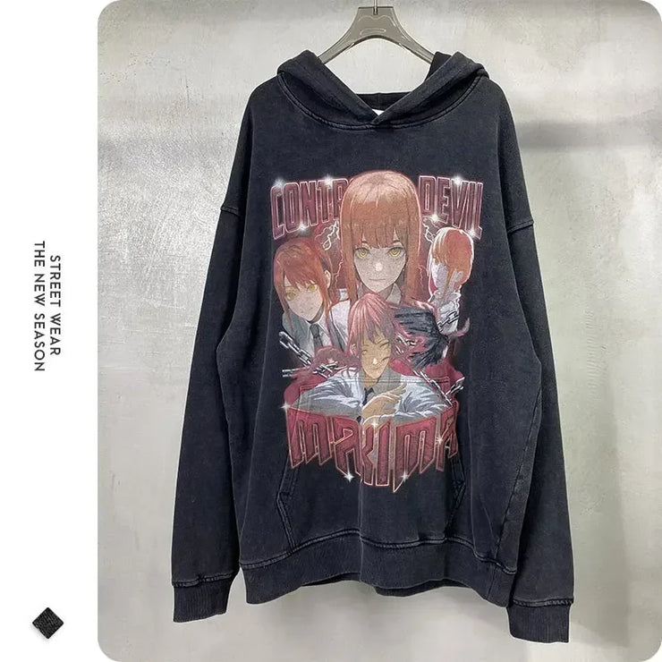 Makima Denji Power Aki Hoodie Vintage Washed Anime Manga Hooded Sweatshirts Oversized Chainsaw Demon Hoodies Men 100% Cotton