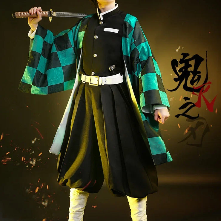 Anime Tanjirou Kamado Cosplay Demon Slayers Kimetsu no Yaiba Cosplay Costume Wig Mask Kimono Cloak halloween Uniform Adult Kids