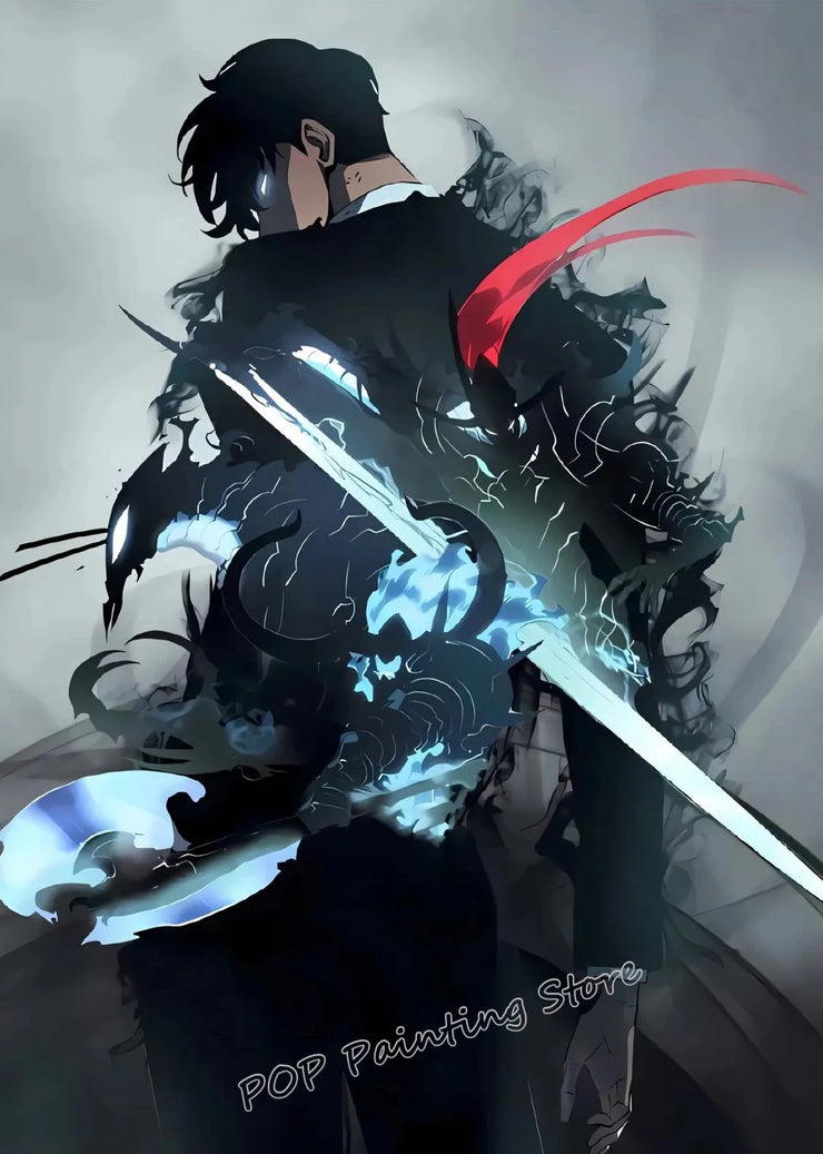 Solo Inspired Anime Wall Art Canvas Print L-Leveling Sung Jin-Woo Manga Poster Dark Fantasy Home Decor for Gaming Room Bedroom