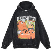 Makima Denji Power Aki Hoodie Vintage Washed Anime Manga Hooded Sweatshirts Oversized Chainsaw Demon Hoodies Men 100% Cotton