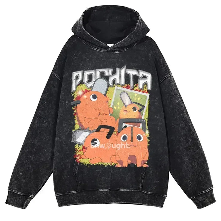 Makima Denji Power Aki Hoodie Vintage Washed Anime Manga Hooded Sweatshirts Oversized Chainsaw Demon Hoodies Men 100% Cotton