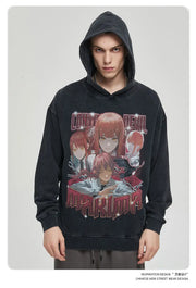 Makima Denji Power Aki Hoodie Vintage Washed Anime Manga Hooded Sweatshirts Oversized Chainsaw Demon Hoodies Men 100% Cotton