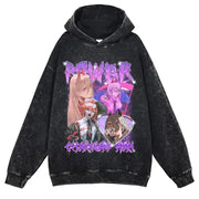 Makima Denji Power Aki Hoodie Vintage Washed Anime Manga Hooded Sweatshirts Oversized Chainsaw Demon Hoodies Men 100% Cotton