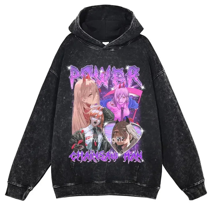 Makima Denji Power Aki Hoodie Vintage Washed Anime Manga Hooded Sweatshirts Oversized Chainsaw Demon Hoodies Men 100% Cotton