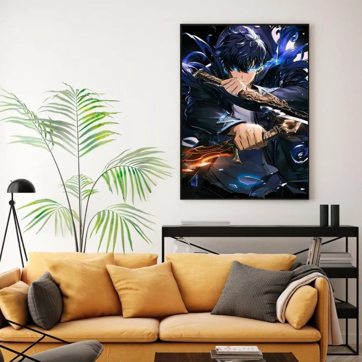 Solo Inspired Anime Wall Art Canvas Print L-Leveling Sung Jin-Woo Manga Poster Dark Fantasy Home Decor for Gaming Room Bedroom