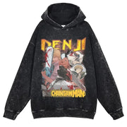 Makima Denji Power Aki Hoodie Vintage Washed Anime Manga Hooded Sweatshirts Oversized Chainsaw Demon Hoodies Men 100% Cotton