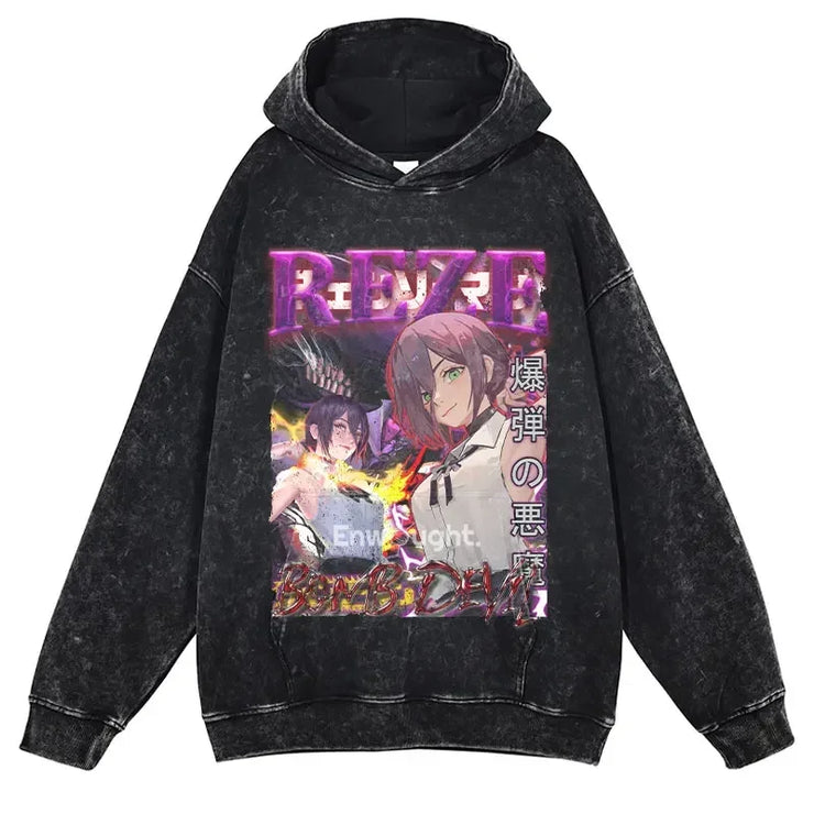 Makima Denji Power Aki Hoodie Vintage Washed Anime Manga Hooded Sweatshirts Oversized Chainsaw Demon Hoodies Men 100% Cotton