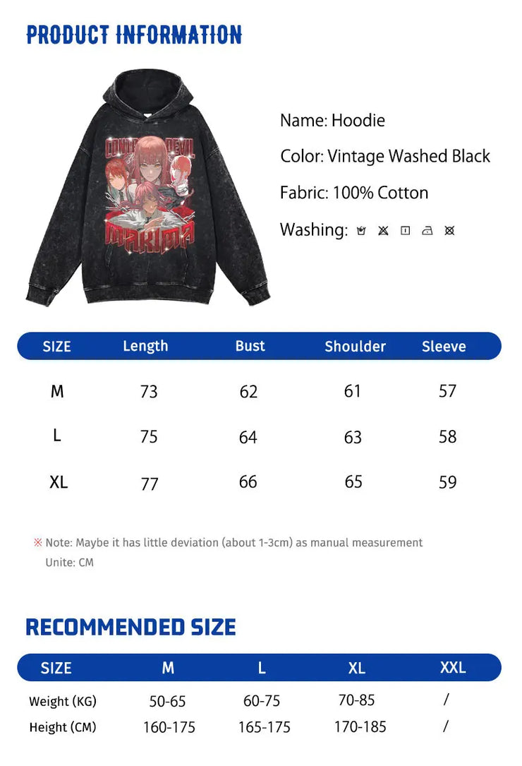 Makima Denji Power Aki Hoodie Vintage Washed Anime Manga Hooded Sweatshirts Oversized Chainsaw Demon Hoodies Men 100% Cotton