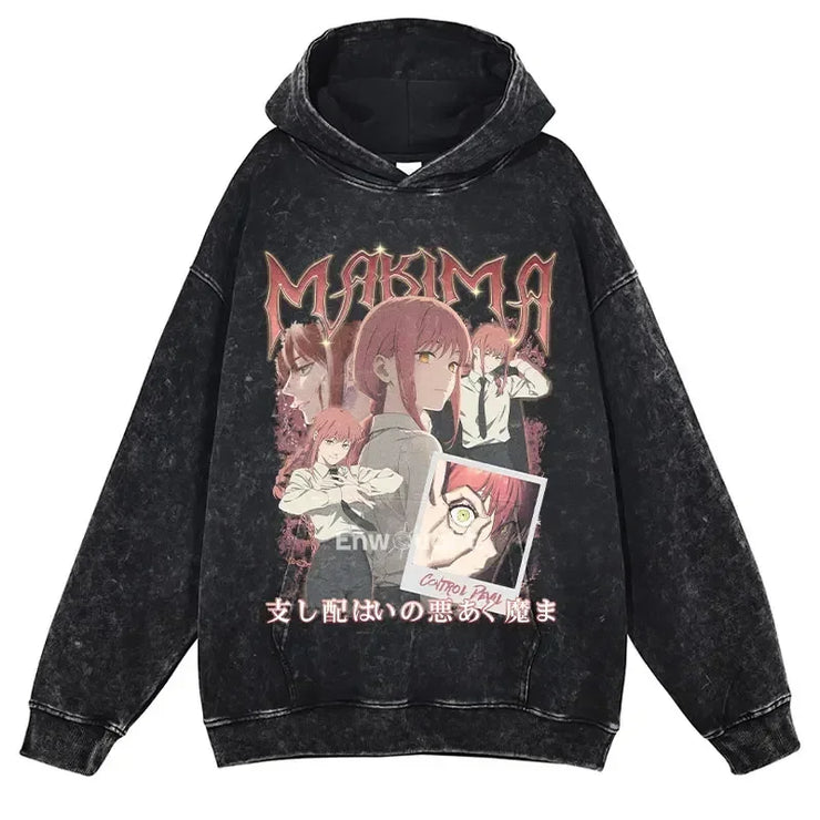 Makima Denji Power Aki Hoodie Vintage Washed Anime Manga Hooded Sweatshirts Oversized Chainsaw Demon Hoodies Men 100% Cotton